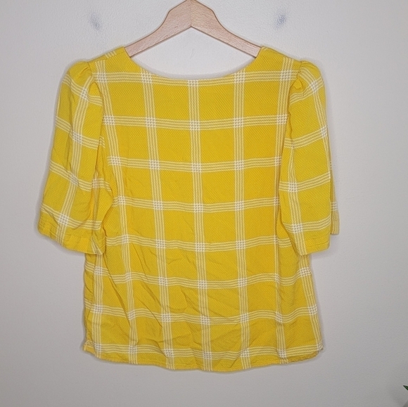 A New Day | Bright Yellow & White Grid Plaid V-neck Blouse Size Medium - Picture 5 of 6